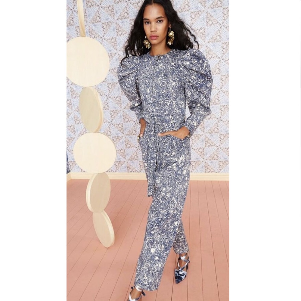 Ulla Johnson Pascal Marble Denim Belted Jumpsuit in Indigo Blue, Size 2